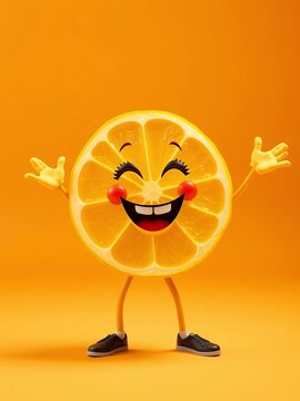 A bright yellow slice with a cheerful expression and arms waving wildly in excitement, colorful, vibrant