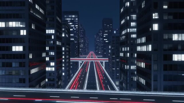 夜の高速道路を真上から見渡すと赤と白の車列の光跡が伸び高層ビルの谷間をカメラが前進する映像