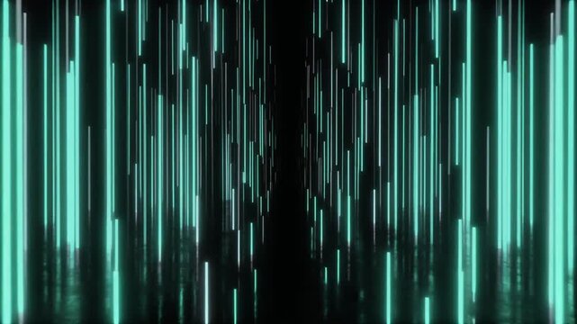 黒地に青緑の光の筋が縦に連なり床面に反射しながら明滅する光の雨のような映像