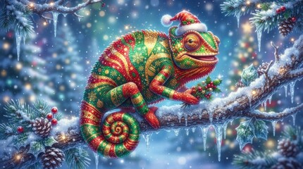 Fototapeta premium Colorful chameleon with festive Christmas patterns sitting on a snowy branch with holly in a winter forest setting