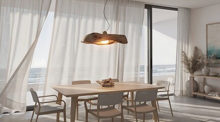 Fototapeta premium Modern dining room with ocean view and natural light.