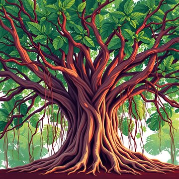 Banyan tree's aerial roots illustrated in a stylized manner, highlighting the beauty of nature's structures, roots, ||banyan