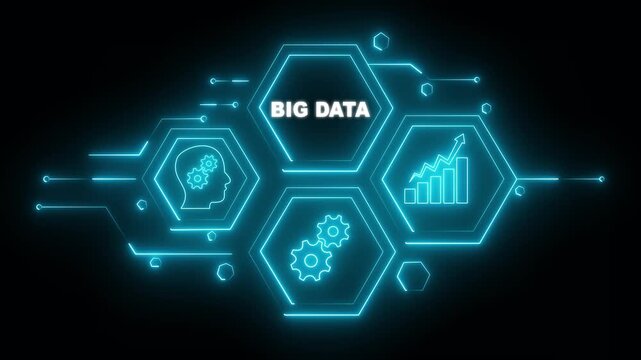 Supply Chain Management big data Hexagon Icons Brain Growth Gear Chart Analytics Digital Network Technology Blue Neon Glow Dark Background Abstract Concept