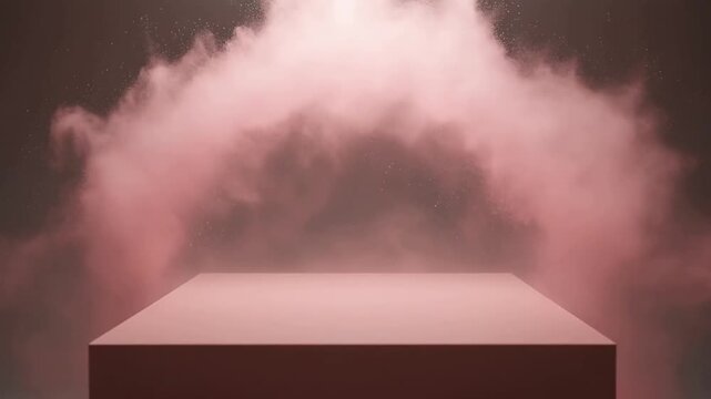Pink powder cloud arching over a geometric platform in dark studio setting