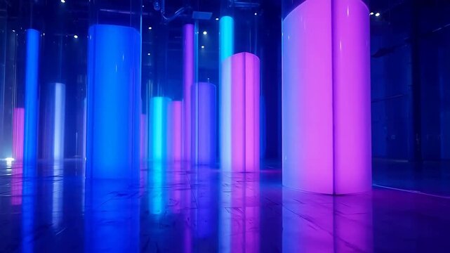 Blue-lit cylindrical pillars arranged in a reflective indoor space with shifting purple hues