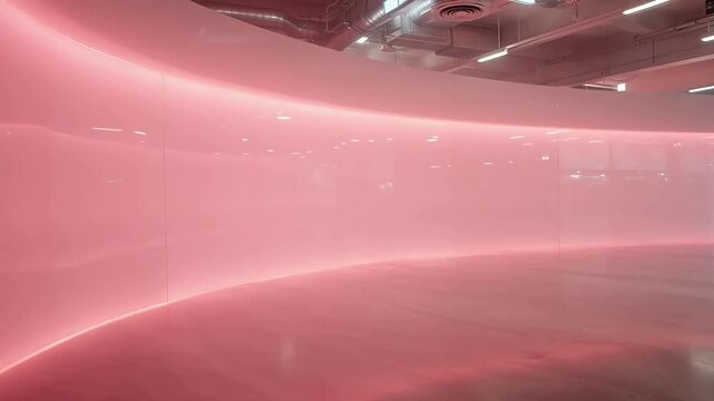 Curved pink wall with integrated LED lighting in modern industrial interior space