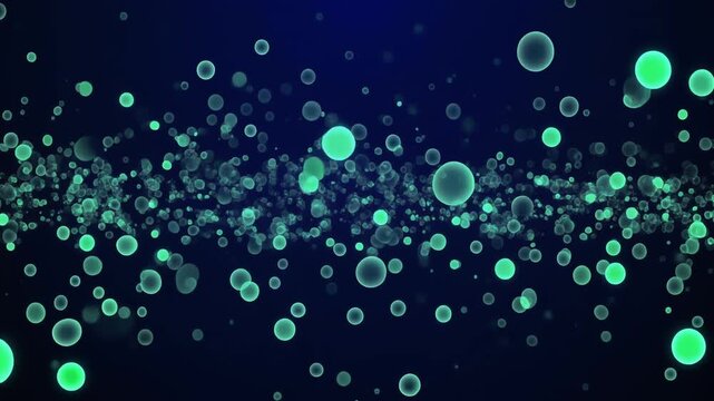 濃紺の背景に翡翠色の玉ボケが中央で水平の帯になりきらめきながら浮遊する抽象映像