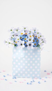 Delicate blue polka dot gift bag filled with whimsical pastel blue flowers on a serene white background, design, pattern