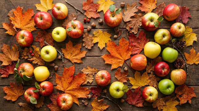 Fresh red and green apples with colorful autumn leaves on a rustic dark wooden table background top view