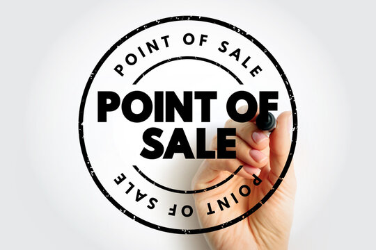 POINT OF SALE text in a circular rubber stamp held by a person. Retail technology and transaction system concept