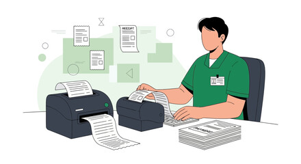 Fototapeta premium Medical Professional Printing Documents at Desk with Printers and Computer