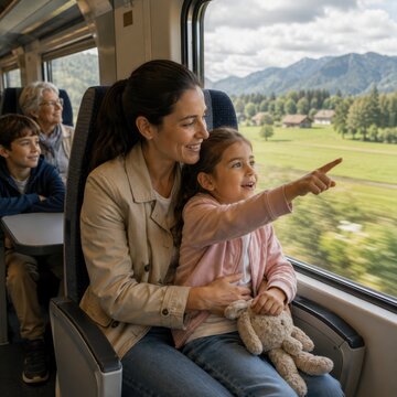 Woman and girl enjoying train journey, pointing out the window at scenic landscape with mountains and greenery, other passengers visible in the background