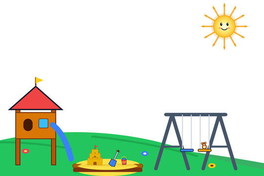 Playground with slide, sandbox, swings, and sun on transparent background