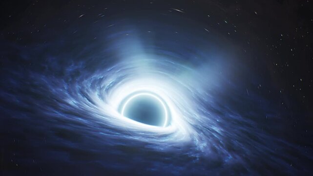 Deep space exploration, supermassive black hole sucking matter with bright blue light energy. 3d animation.