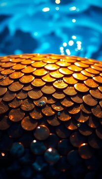 Golden scales shining on a blue water background, shiny, vector