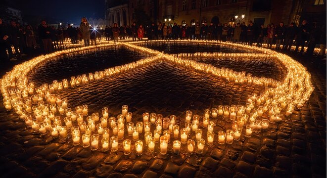 Huge peace symbol made of glowing candles on city square cobblestones with people gathering at night

