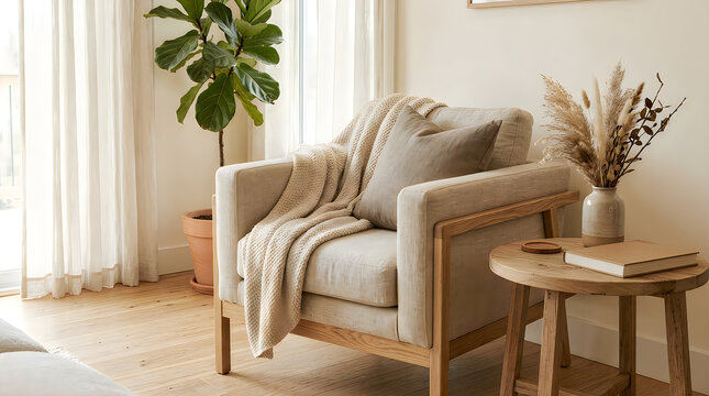 Comfortable grey armchair with a soft wooden frame and cozy throw blanket in a bright modern living room