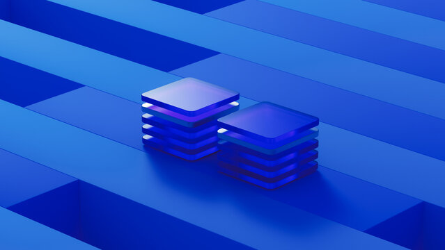 Blue technology grid background with processors and data elements