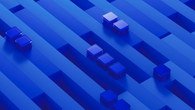 Blue technology grid background with processors and data elements