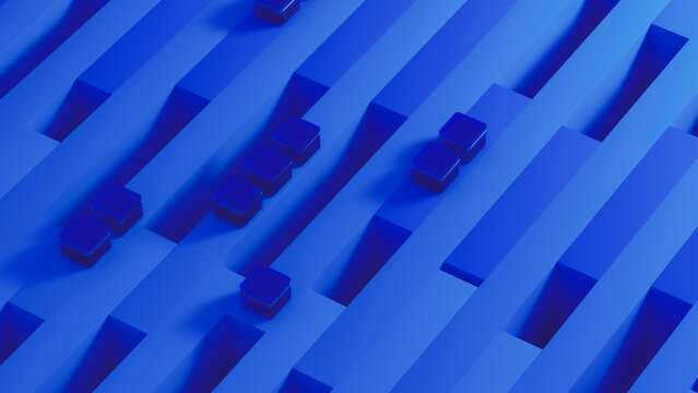 Blue technology grid background with processors and data elements