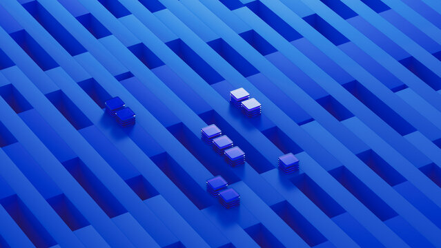 Blue technology grid background with processors and data elements