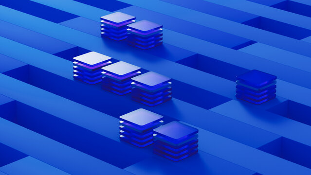 Blue technology grid background with processors and data elements