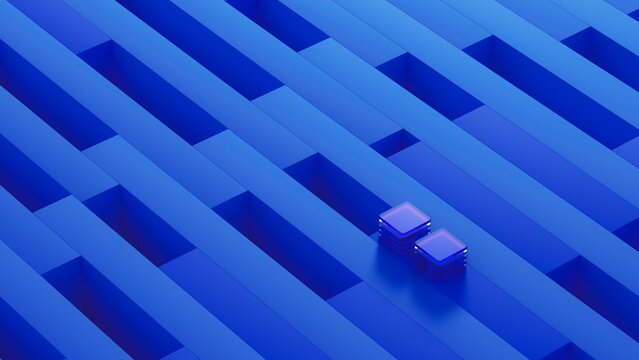 Blue technology grid background with processors and data elements