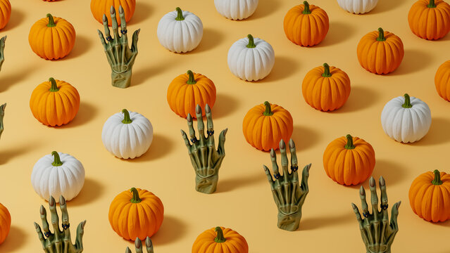 Colorful pattern of pumpkins and witch hands for Halloween