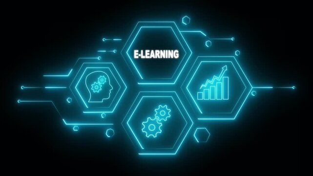 eLearning Abstract neon Hud knowledge ability business gear icon Glowing neon line concept. Glowing "" button in German on a futuristic, abstract wave technology on black background.