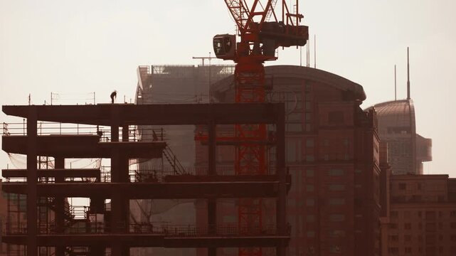 Shanghai, China. Time-lapse Urban Skyline with construction site works. crane working development. City Business Center. Smog at morning, smog in big city