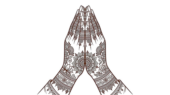 Henna hands in prayer position vector illustration with traditional patterns