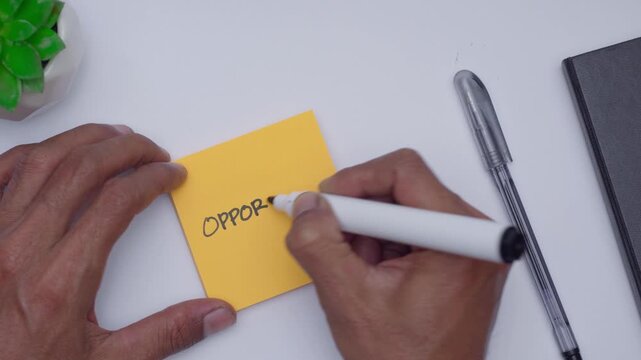 A man writing opportunity on orange sticky note at white desk