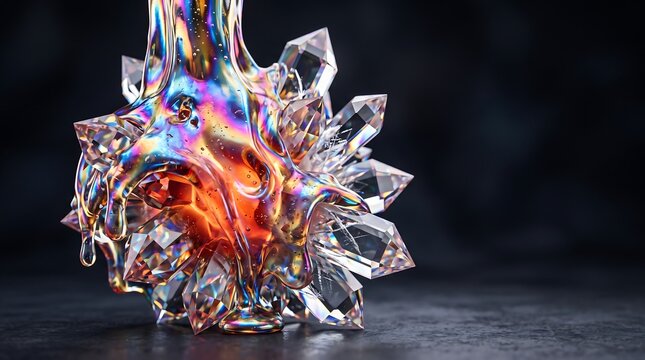 Abstract iridescent crystal sculpture with fluid rainbow textures and sharp geometric prisms on a dark background