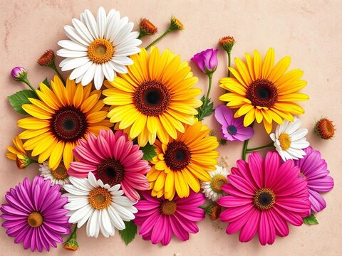 Vibrant floral design featuring daisies, sunflowers, and cosmos flowers on a textured background, floral, garden