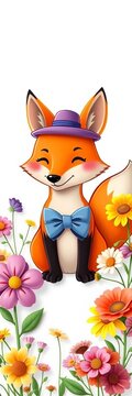 Whimsical cartoon fox with a bow tie and matching hat on a white background, surrounded by colorful flowers, cute faces, hats