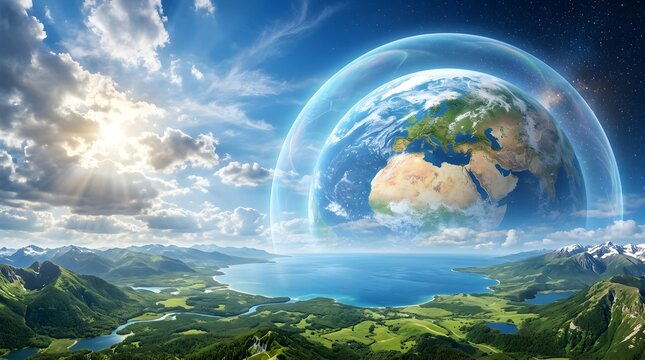 Earth Protected by Transparent Shield Above Nature Landscape, Global Climate Protection and Environmental Conservation Concept