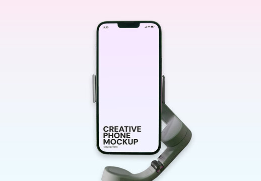 Modern Smartphone Mockup On Mobile Gimbal Stabilizer Over Light Gradient Background