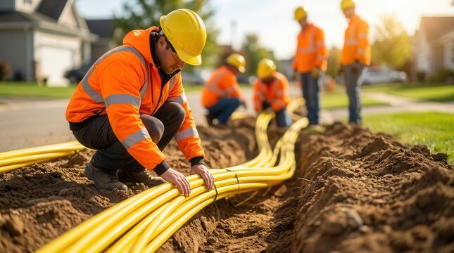 New telecom infrastructure installation with workers laying yellow fiber optic cables and conduit.