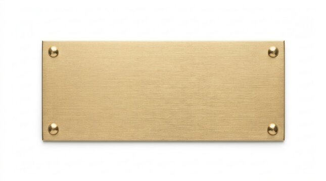Brass nameplate isolated on white with a gold rectangle plate and rivets, ideal for office door decor and signage.