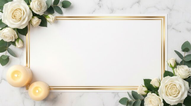White roses and lit candles frame a marble background with a gold border for a peaceful funeral invitation.