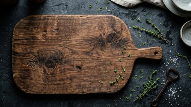 Rustic wooden cutting board with fresh green thyme leaves and sea salt on a dark stone background for food photography