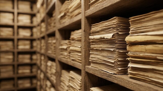 Archive room with rows of aged paper documents and stacks of files for business organization and records management.