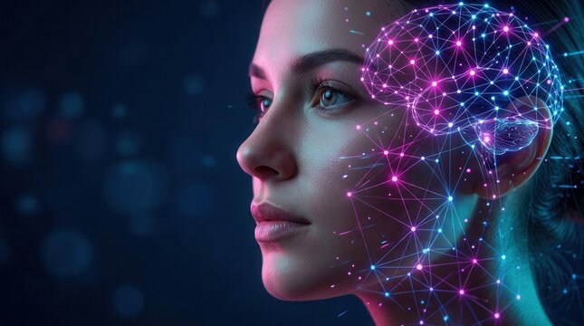 Mind connections and self awareness represented by a colorful neon neural network overlay on a woman's profile.