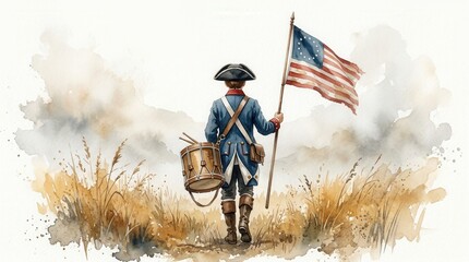 Obraz premium Colonial drummer boy in an old uniform holding a drum and US flag amidst a misty field watercolor painting.