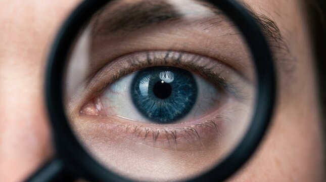Vision examination concept featuring a macro view of a blue human eye and detailed iris through a lens.