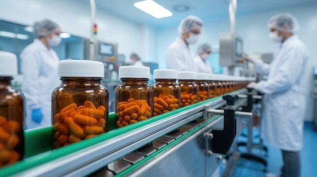 Modern lab production line equipment being operated by workers in lab coats during a healthcare drug manufacturing process.