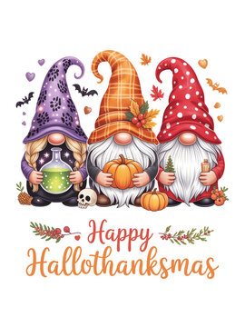 Three gnomes are dressed in festive hats, surrounded by pumpkins and fall leaves. The words 'Happy Hallothanksmas' are written below them.