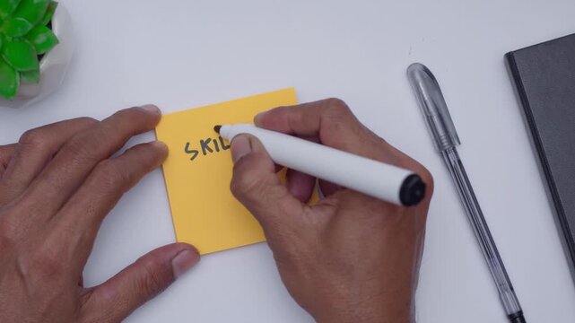 a man writing skill plus opportunity on orange sticky note
