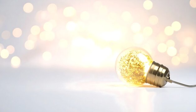 Glowing Incandescent Light Bulb with Bright Golden Sparkles on a White Surface with Blurred Lights in the Background