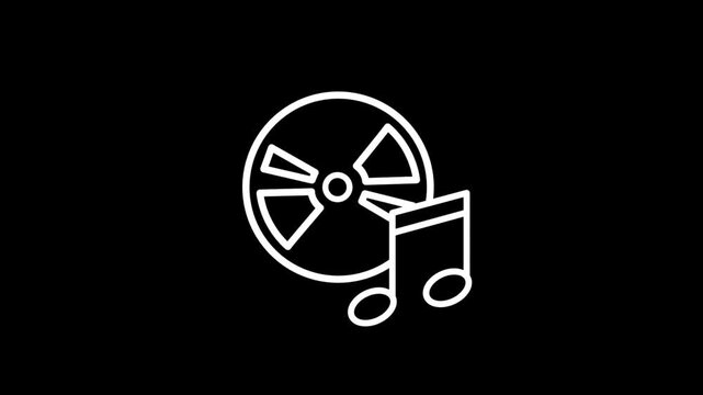 Disk and notes music animated icon for musical, song, melody, sound, audio, vinyl, record,  entertainment media, DJ, concert, harmony, rhythm, beat. 4K video with alpha channel